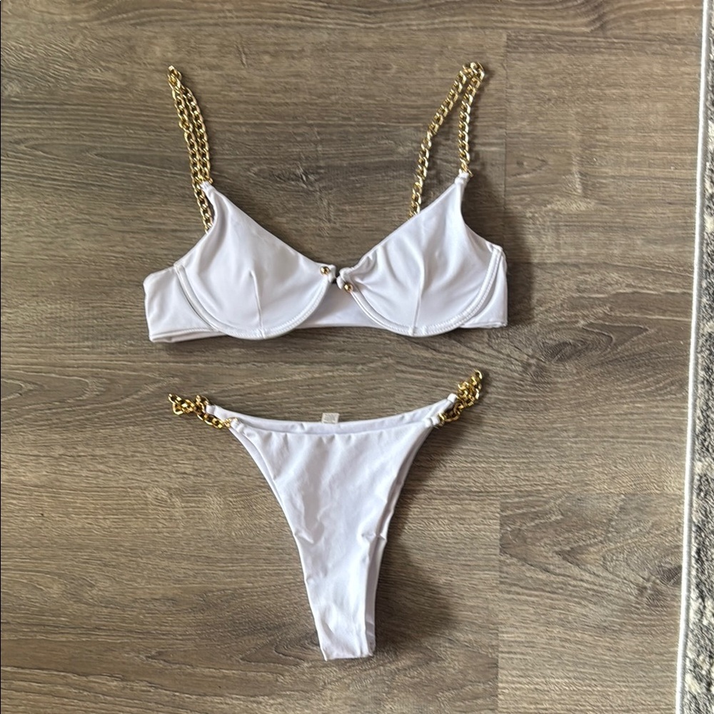 White Bikini with Gold Chain Straps
